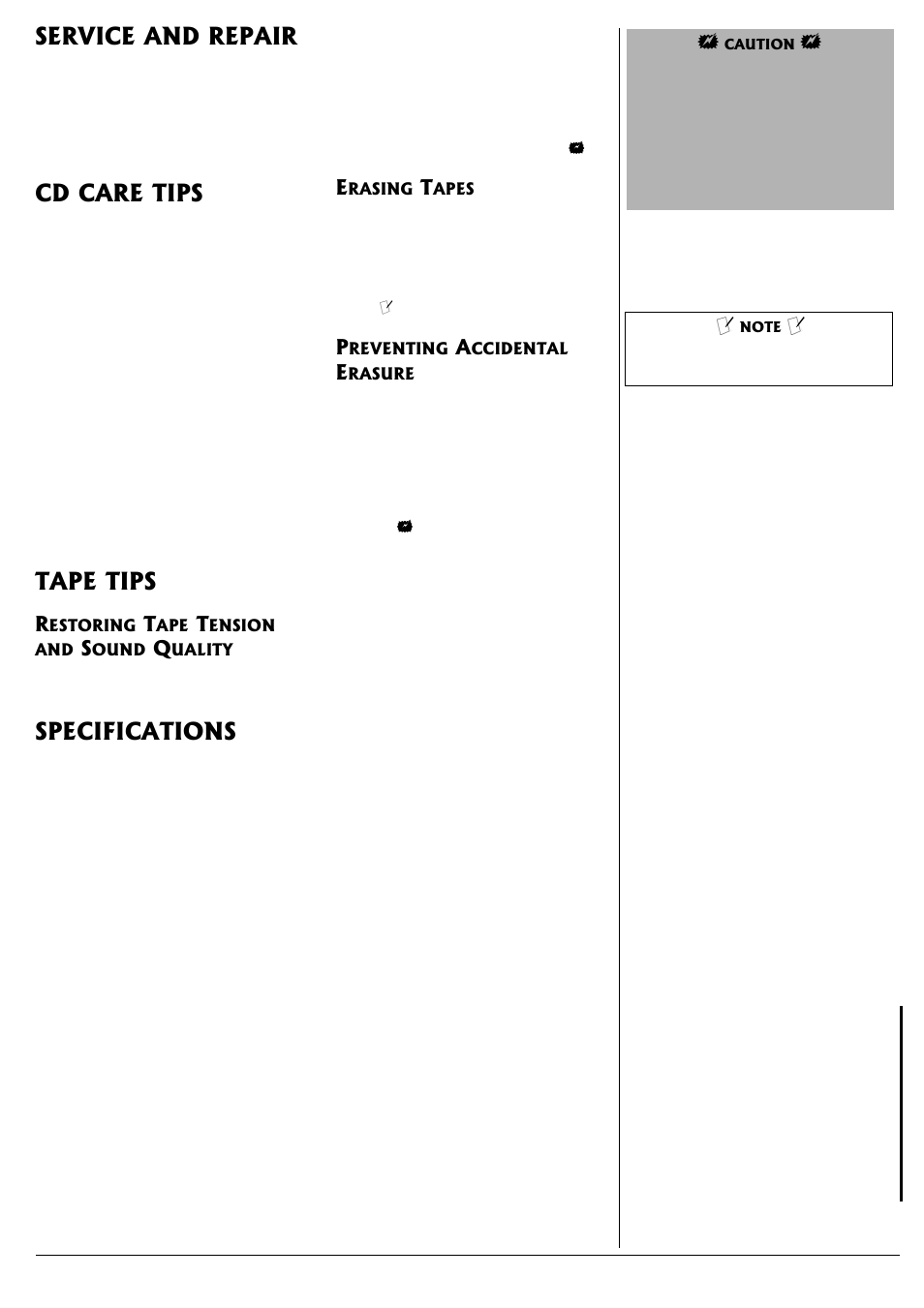 Service and repair cd care tips tape tips, Specifications | Radio Shack 13-1317 User Manual | Page 7 / 8