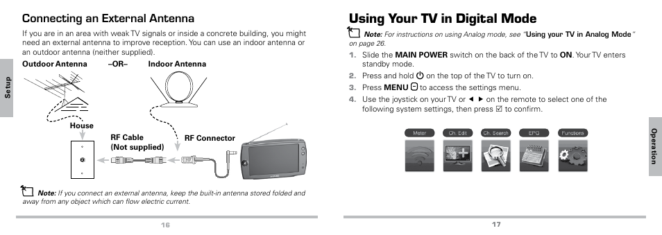 Antenna, Using your tv in digital mode, Connecting an external antenna | Radio Shack Auvio 16-923 User Manual | Page 9 / 19