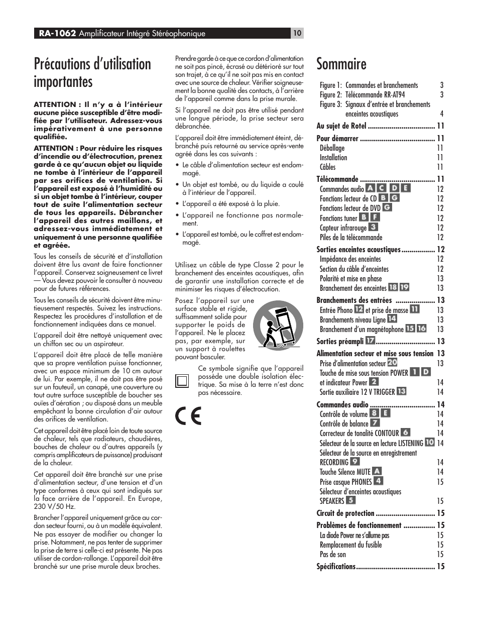 Précautions d’utilisation importantes, Sommaire | ROTEL RA-1062 User Manual | Page 10 / 54
