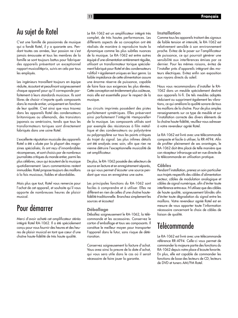 Au sujet de rotel, Pour démarrer, Télécommande | ROTEL RA-1062 User Manual | Page 11 / 54
