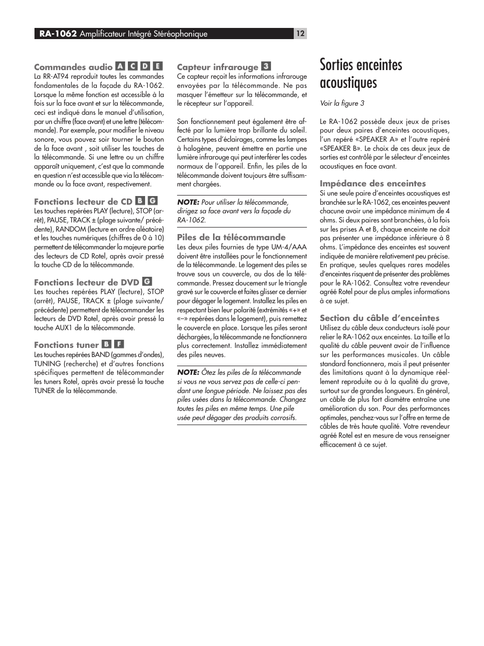 Sorties enceintes acoustiques | ROTEL RA-1062 User Manual | Page 12 / 54