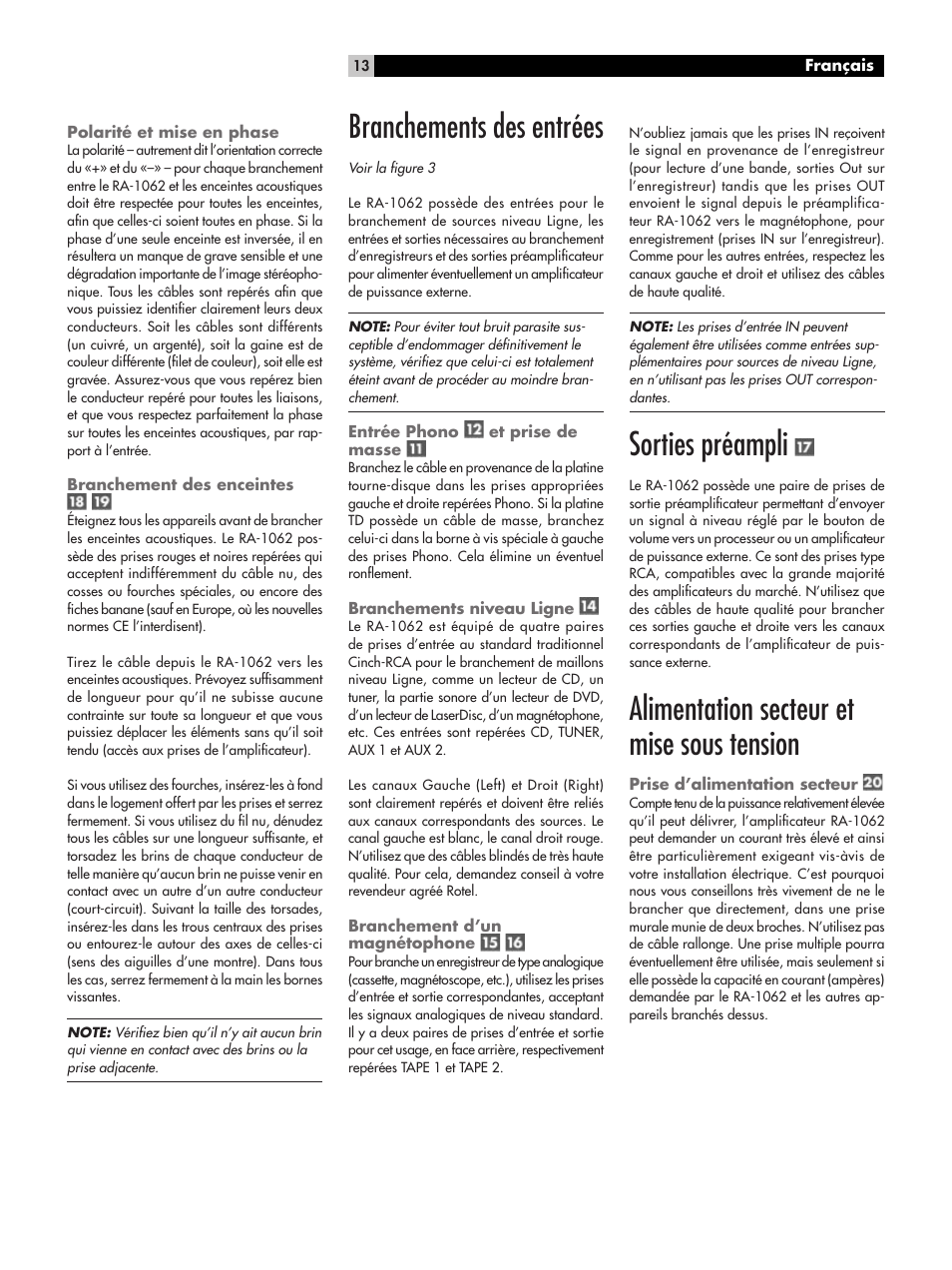 Branchements des entrées, Sorties préampli, Alimentation secteur et mise sous tension | ROTEL RA-1062 User Manual | Page 13 / 54