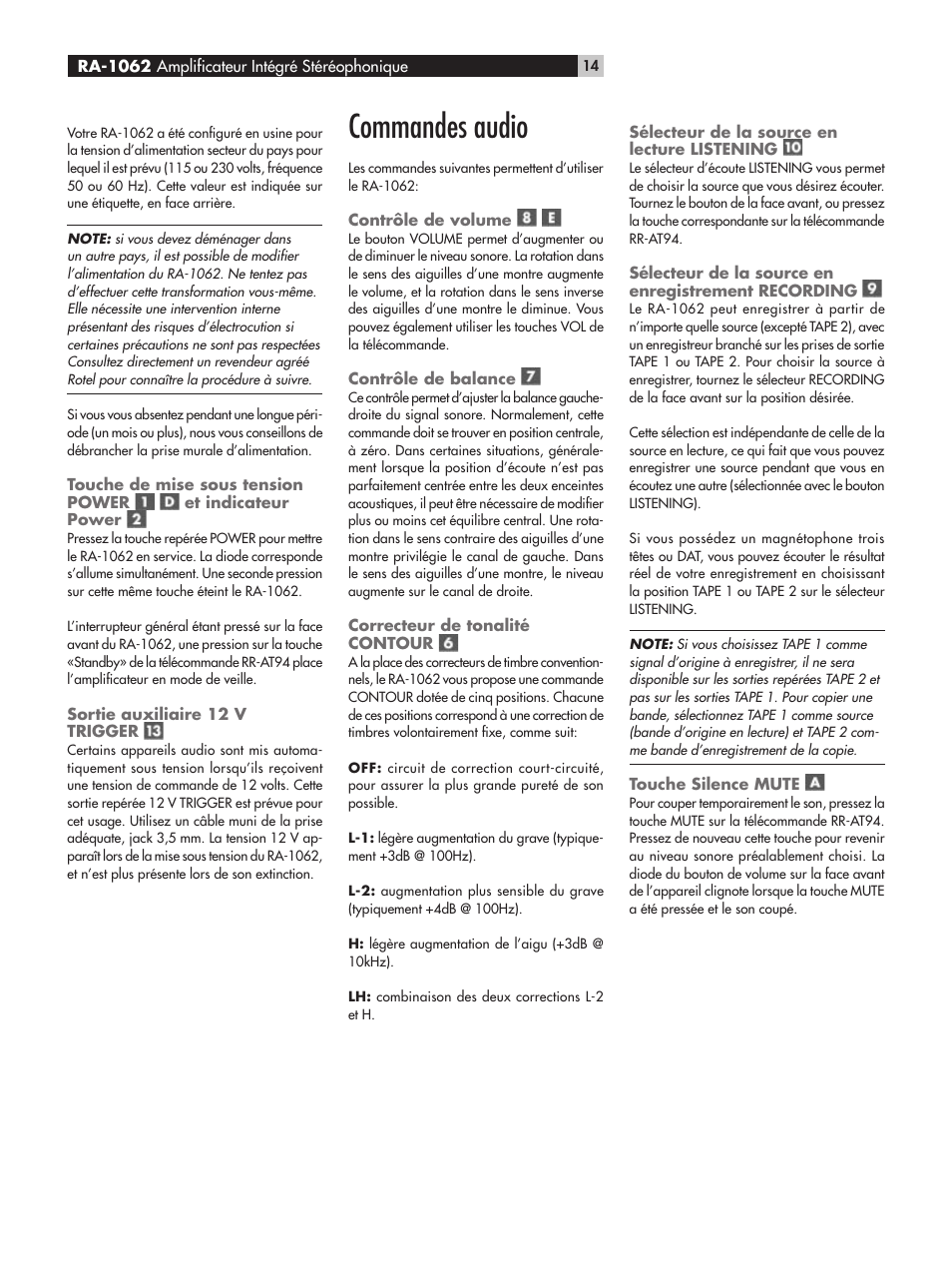 Commandes audio | ROTEL RA-1062 User Manual | Page 14 / 54