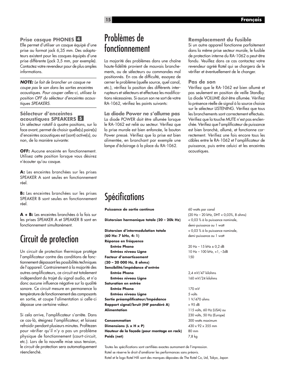 Circuit de protection, Problèmes de fonctionnement, Spéciﬁcations | ROTEL RA-1062 User Manual | Page 15 / 54