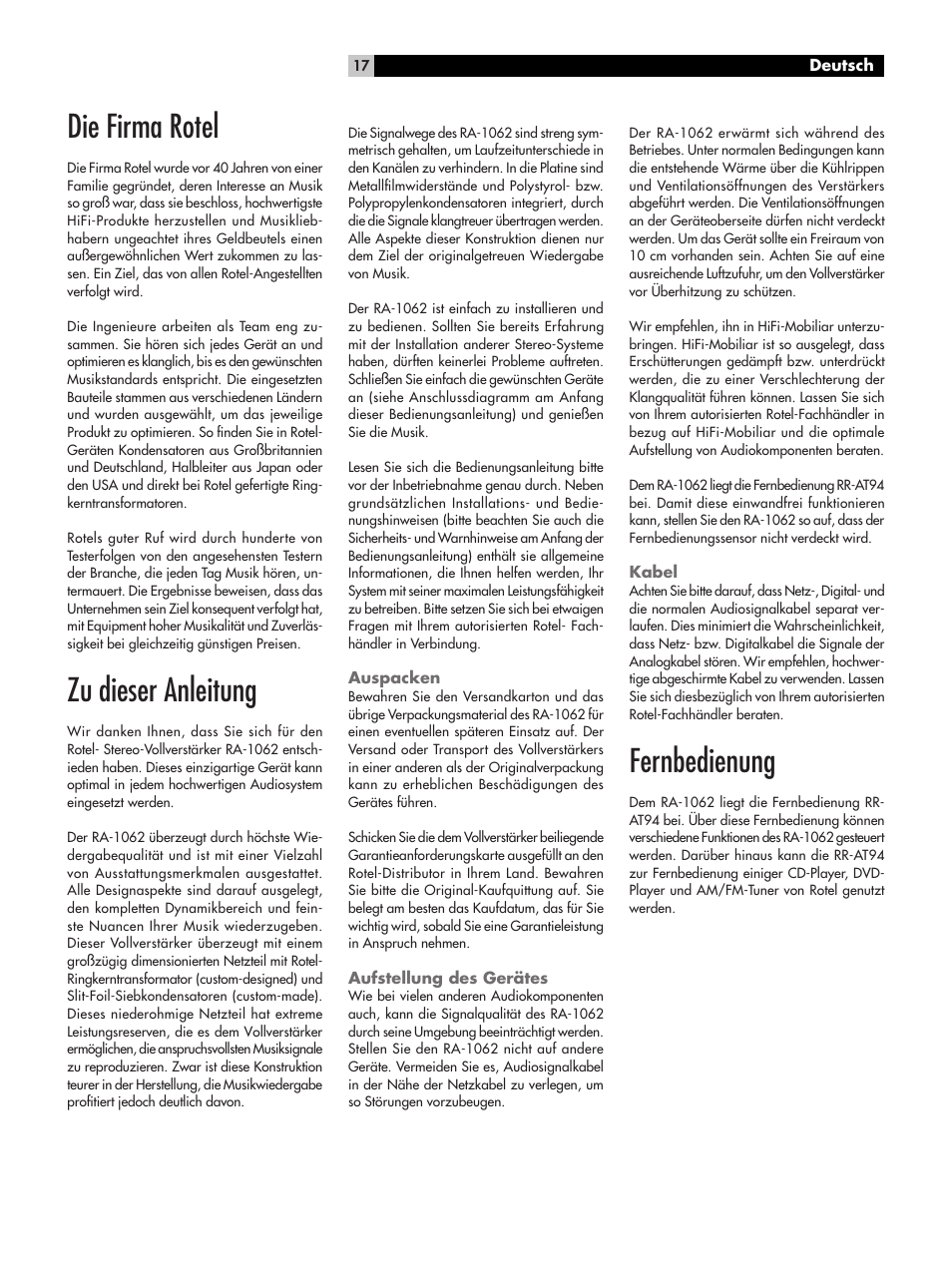 Die firma rotel, Zu dieser anleitung, Fernbedienung | ROTEL RA-1062 User Manual | Page 17 / 54