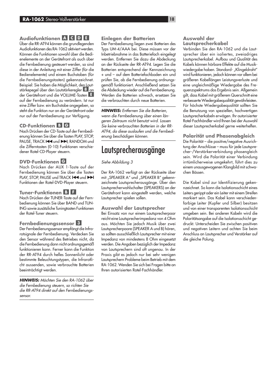 Lautsprecherausgänge | ROTEL RA-1062 User Manual | Page 18 / 54