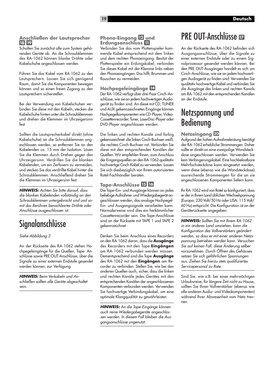 Signalanschlüsse, Pre out-anschlüsse, Netzspannung und bedienung | ROTEL RA-1062 User Manual | Page 19 / 54