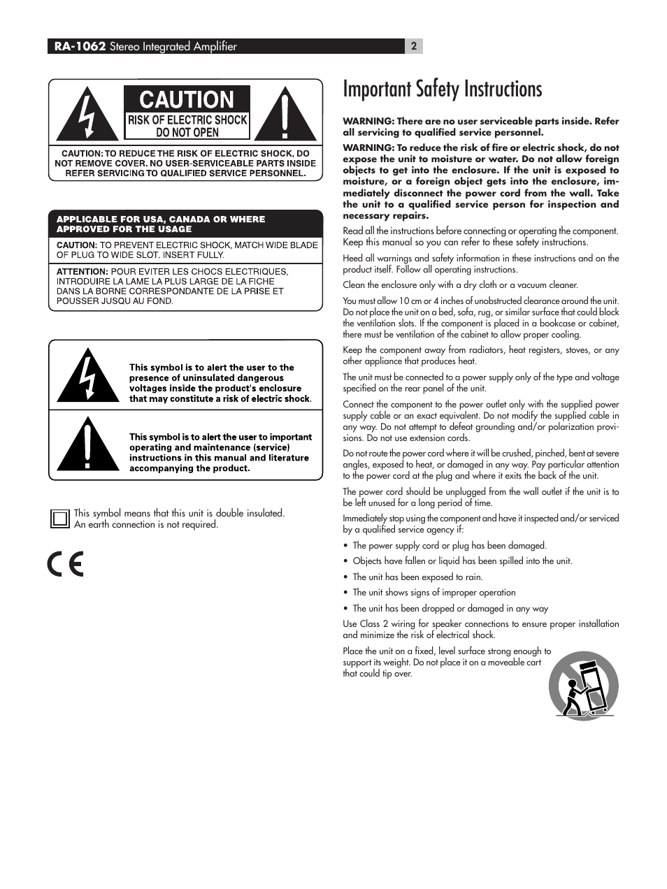Important safety instructions | ROTEL RA-1062 User Manual | Page 2 / 54
