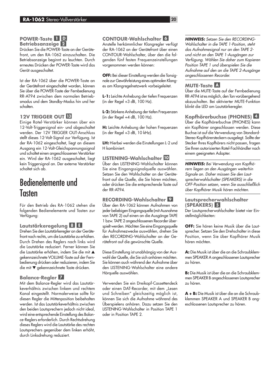 Bedienelemente und tasten | ROTEL RA-1062 User Manual | Page 20 / 54
