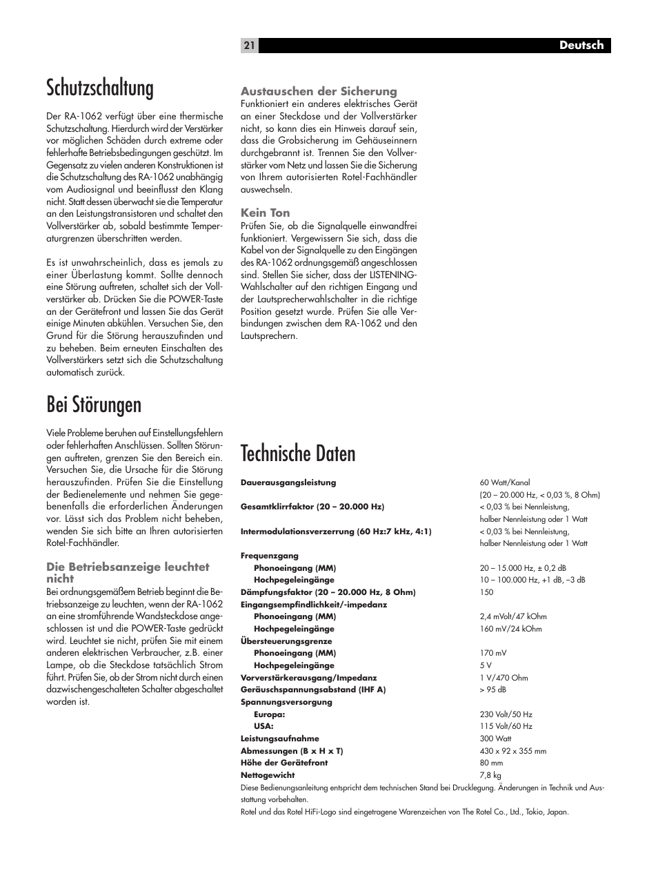 Schutzschaltung, Bei störungen, Technische daten | Deutsch, Die betriebsanzeige leuchtet nicht, Austauschen der sicherung, Kein ton | ROTEL RA-1062 User Manual | Page 21 / 54