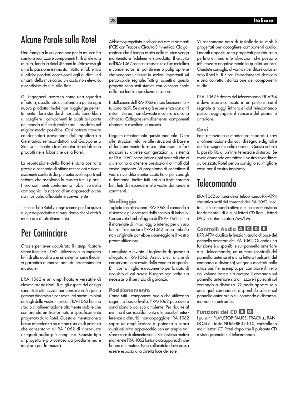 Alcune parole sulla rotel, Per cominciare, Telecomando | ROTEL RA-1062 User Manual | Page 23 / 54