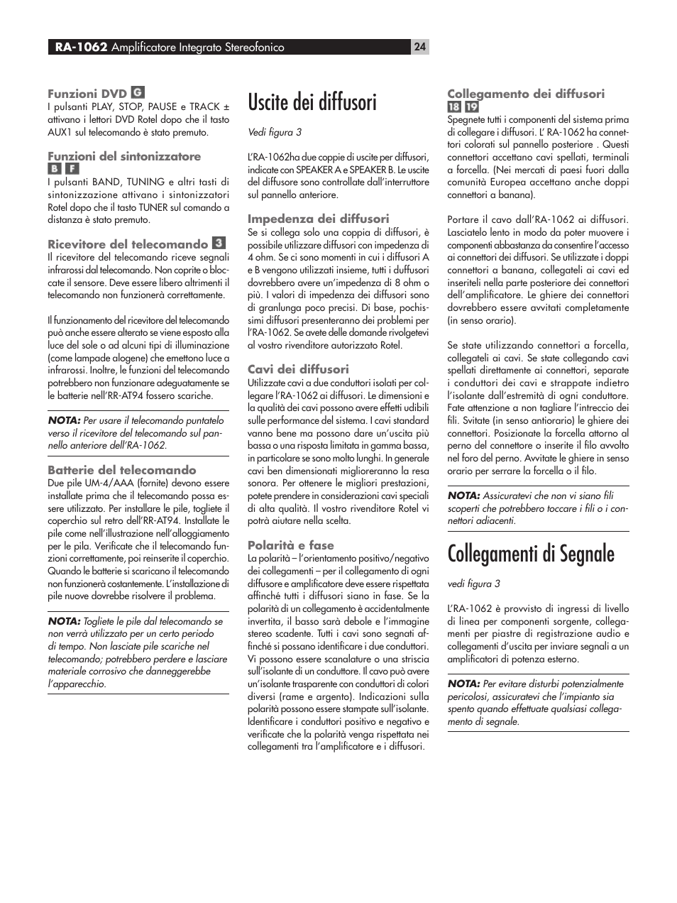 Uscite dei diffusori, Collegamenti di segnale | ROTEL RA-1062 User Manual | Page 24 / 54