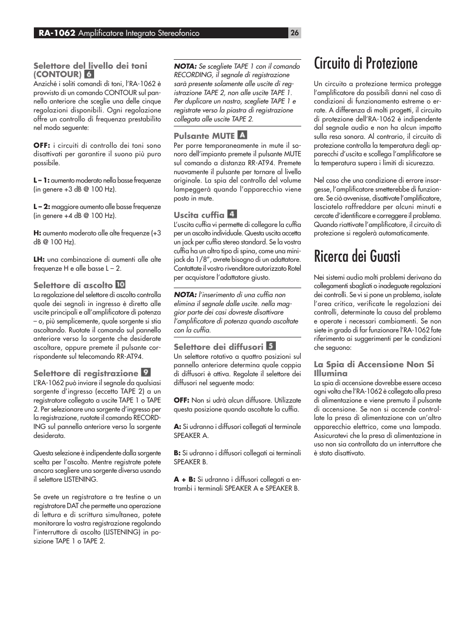 Circuito di protezione, Ricerca dei guasti | ROTEL RA-1062 User Manual | Page 26 / 54