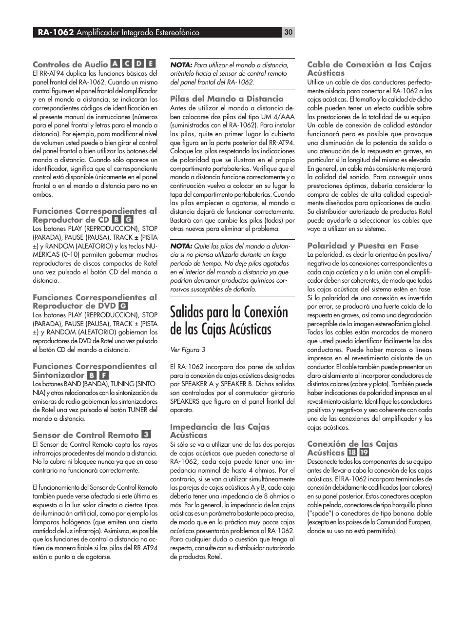 Salidas para la conexión de las cajas acústicas | ROTEL RA-1062 User Manual | Page 30 / 54