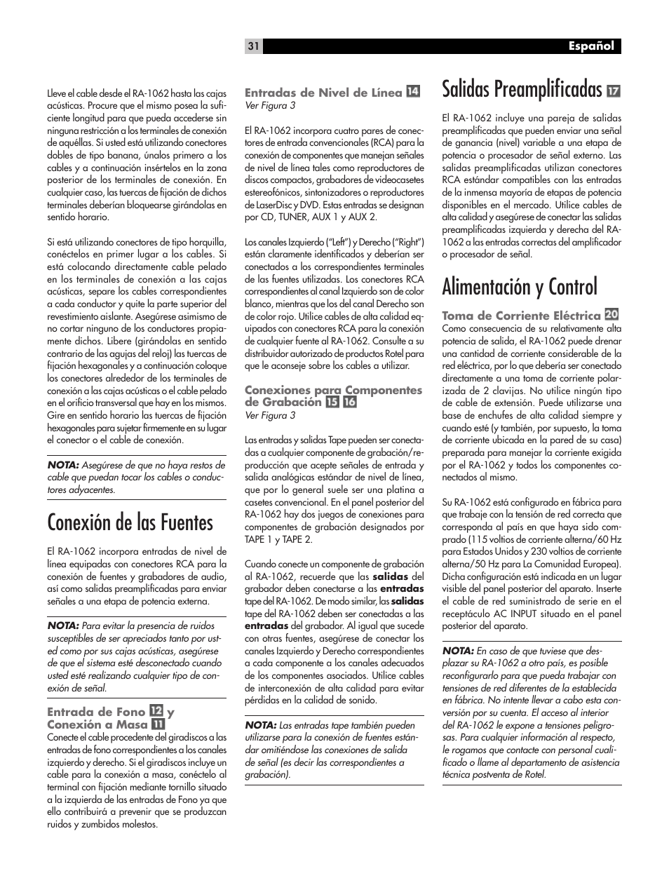 Conexión de las fuentes, Salidas preampliﬁcadas, Alimentación y control | ROTEL RA-1062 User Manual | Page 31 / 54