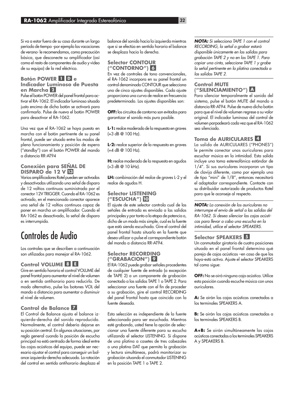 Controles de audio | ROTEL RA-1062 User Manual | Page 32 / 54