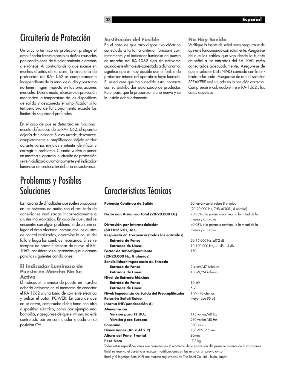 Circuitería de protección, Problemas y posibles soluciones, Características técnicas | ROTEL RA-1062 User Manual | Page 33 / 54