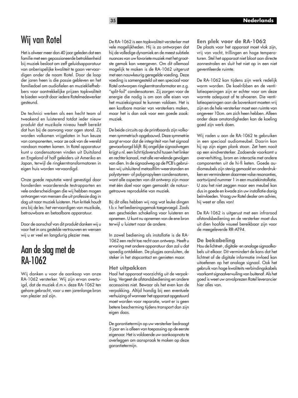 Wij van rotel, Aan de slag met de ra-1062 | ROTEL RA-1062 User Manual | Page 35 / 54