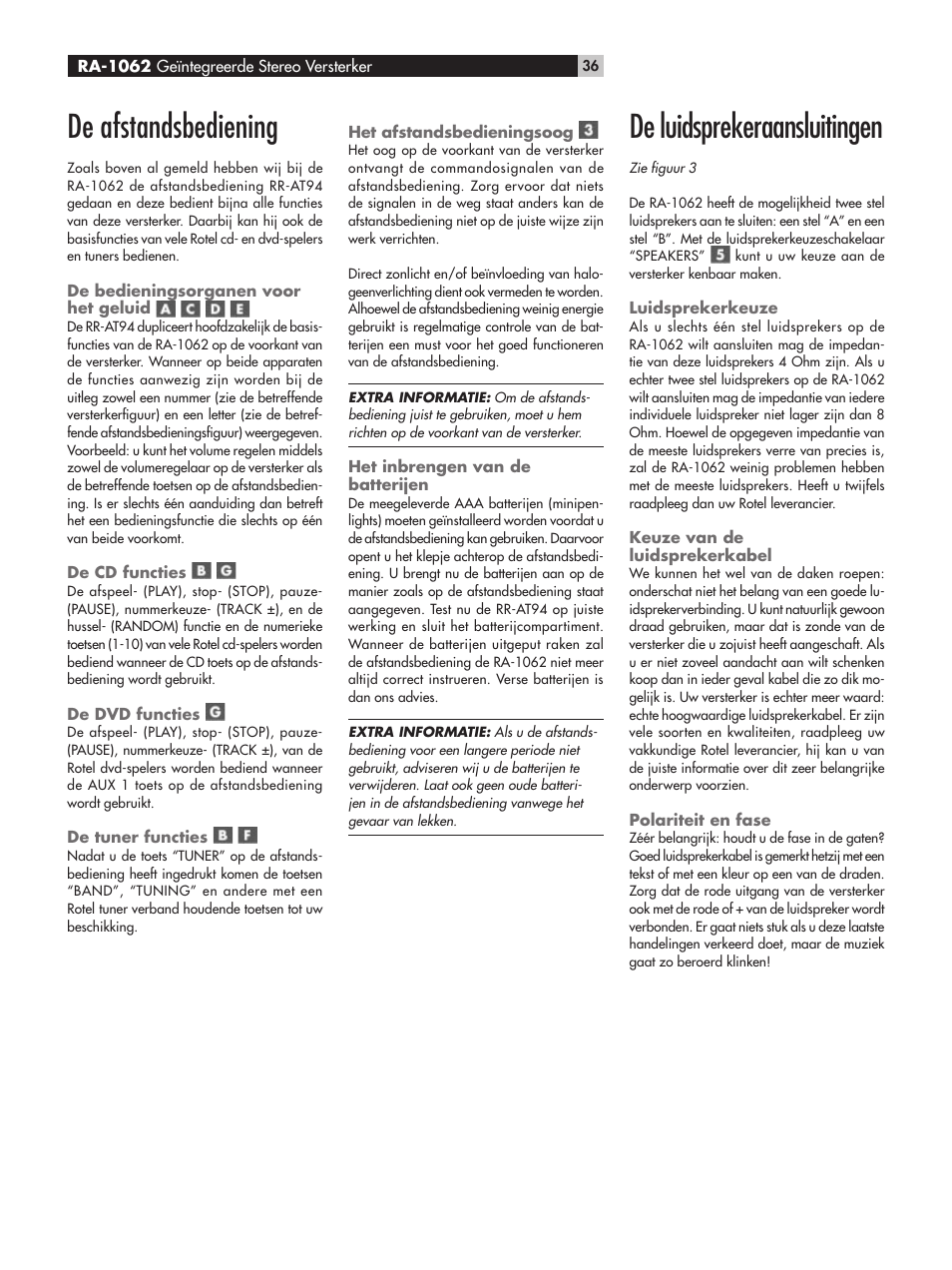 De afstandsbediening, De luidsprekeraansluitingen | ROTEL RA-1062 User Manual | Page 36 / 54