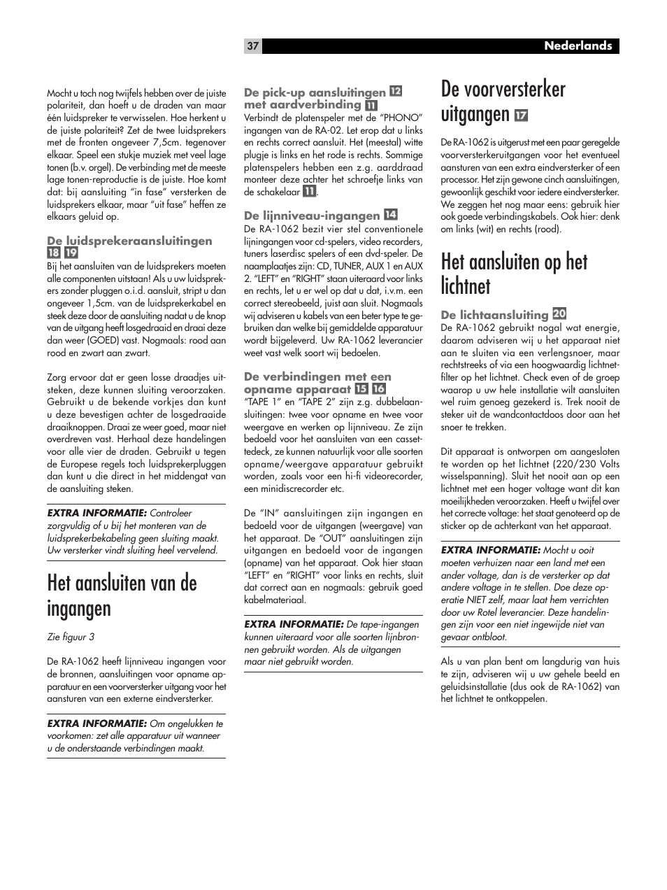 Het aansluiten van de ingangen, De voorversterker uitgangen, Het aansluiten op het lichtnet | ROTEL RA-1062 User Manual | Page 37 / 54