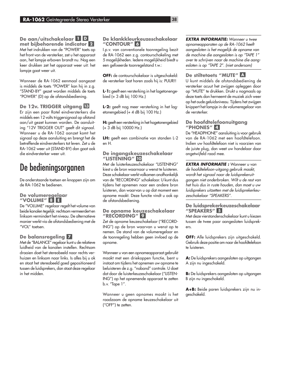 De bedieningsorganen | ROTEL RA-1062 User Manual | Page 38 / 54