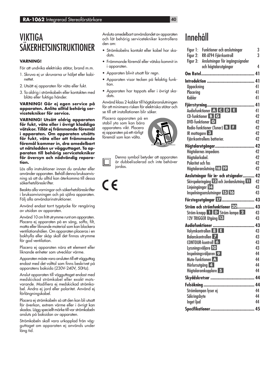 Viktiga säkerhetsinstruktioner, Innehåll | ROTEL RA-1062 User Manual | Page 40 / 54