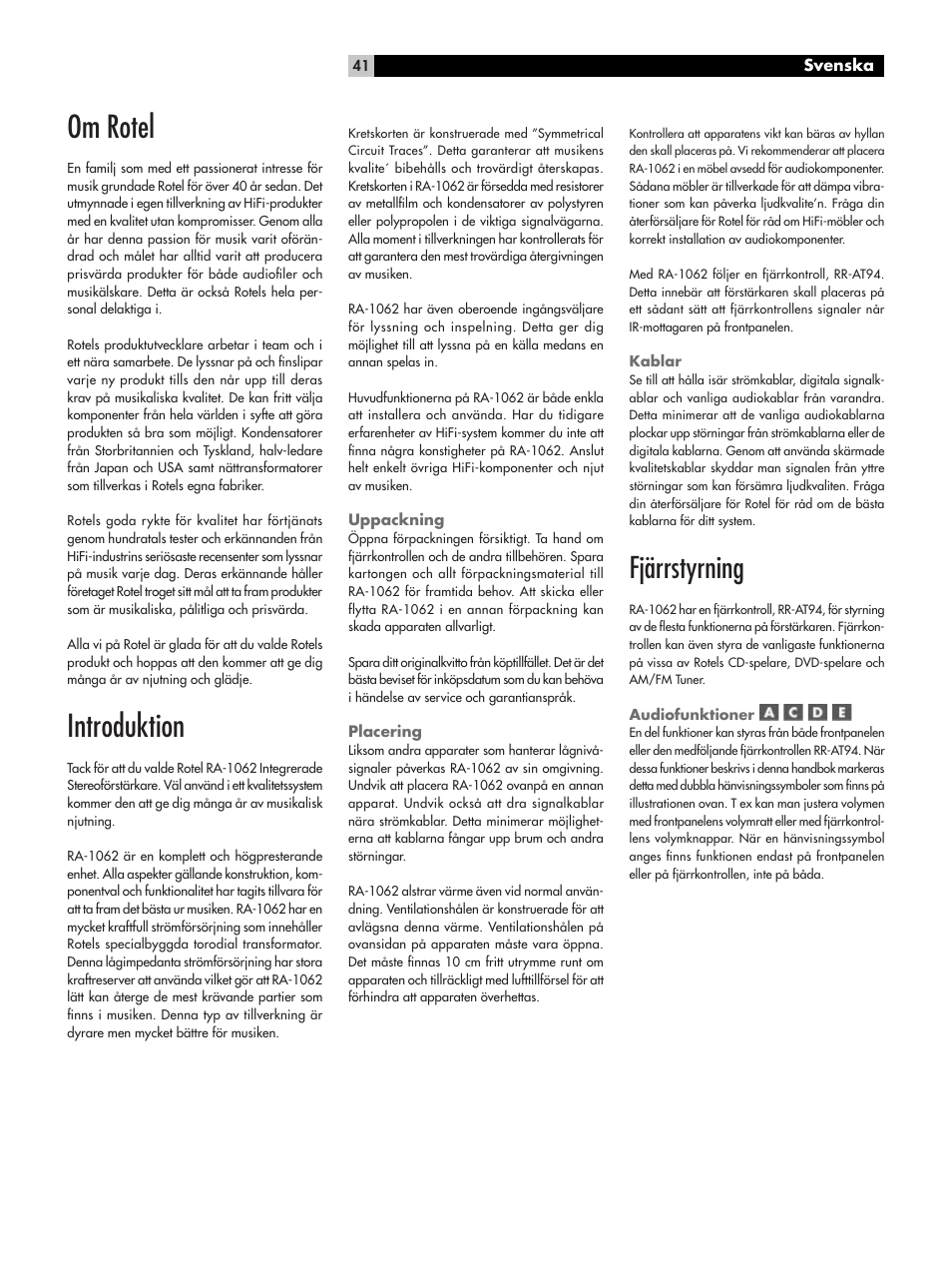 Om rotel, Introduktion, Fjärrstyrning | ROTEL RA-1062 User Manual | Page 41 / 54