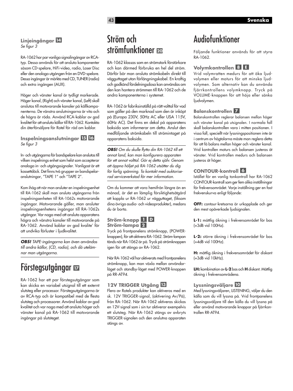Förstegsutgångar, Ström och strömfunktioner, Audiofunktioner | ROTEL RA-1062 User Manual | Page 43 / 54