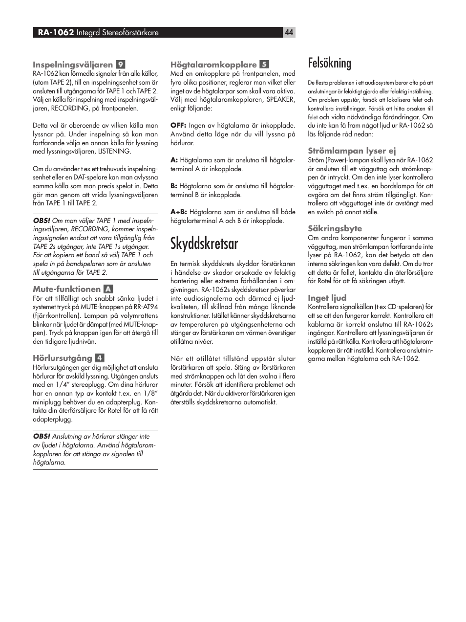 Skyddskretsar, Felsökning | ROTEL RA-1062 User Manual | Page 44 / 54