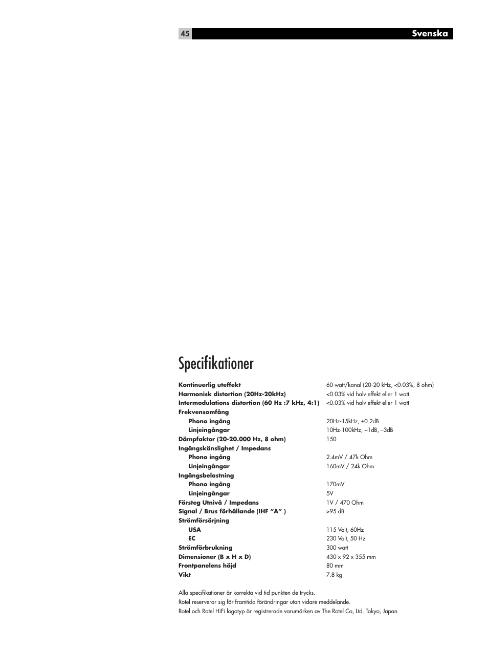 Speciﬁkationer, Svenska | ROTEL RA-1062 User Manual | Page 45 / 54