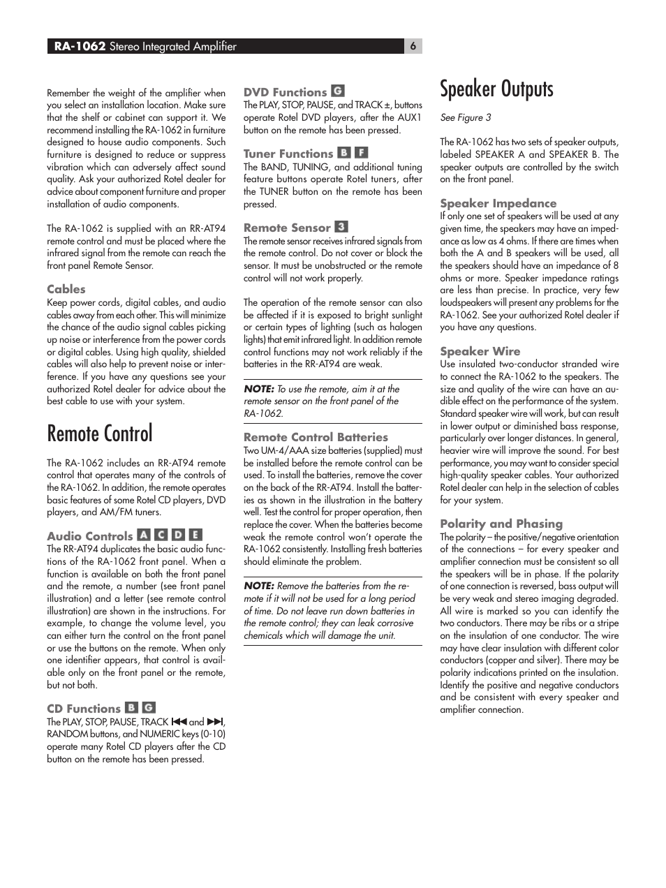 Remote control, Speaker outputs | ROTEL RA-1062 User Manual | Page 6 / 54