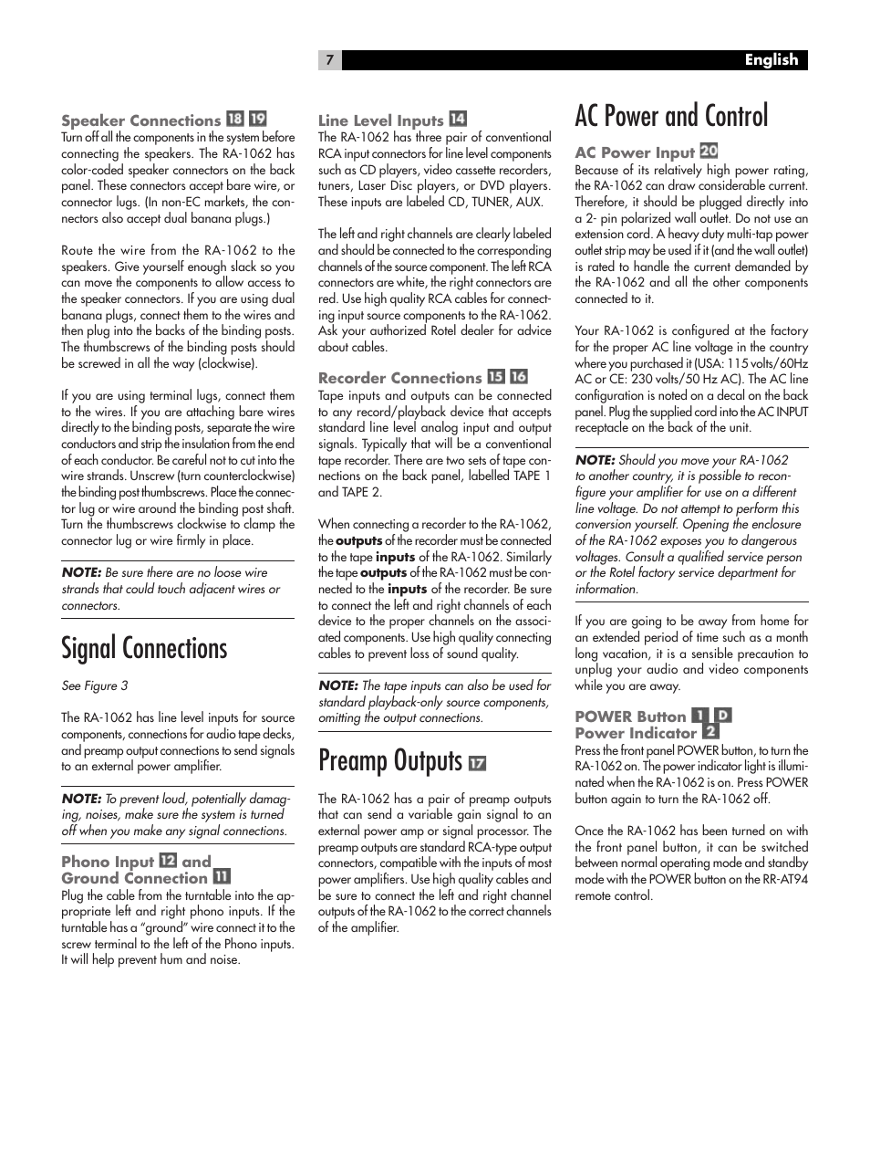 Signal connections, Preamp outputs, Ac power and control | ROTEL RA-1062 User Manual | Page 7 / 54