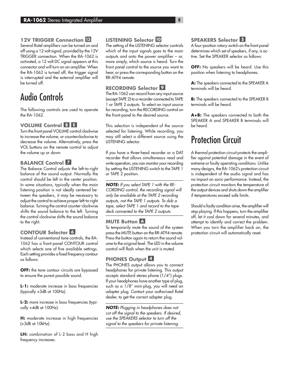 Audio controls, Protection circuit | ROTEL RA-1062 User Manual | Page 8 / 54