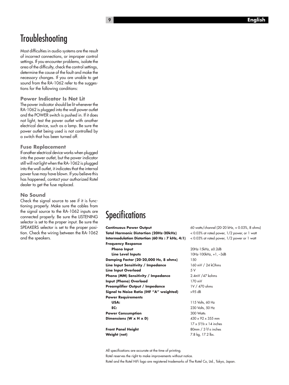 Speciﬁcations, Troubleshooting, Power indicator is not lit | Fuse replacement, No sound, English | ROTEL RA-1062 User Manual | Page 9 / 54