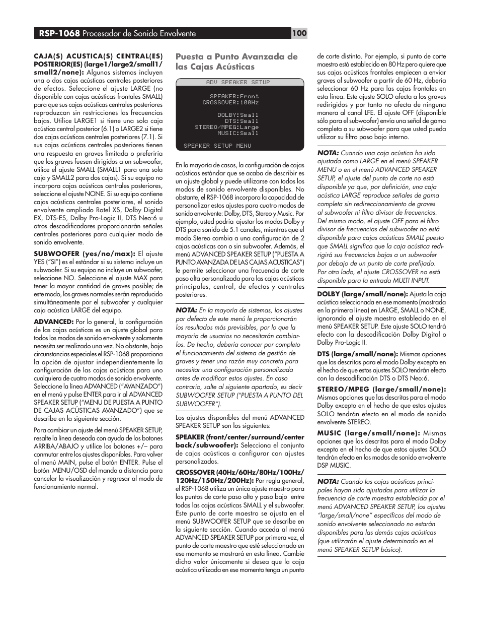 Puesta a punto avanzada de las cajas acústicas, Rsp-1068 procesador de sonido envolvente | ROTEL RSP-1068 User Manual | Page 100 / 106