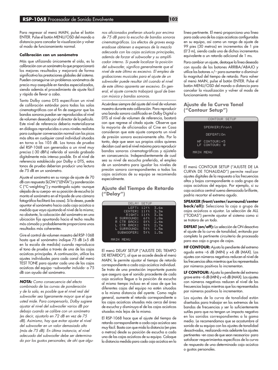 Ajuste del tiempo de retardo (“delay”), Ajuste de la curva tonal (“contour setup”), Rsp-1068 procesador de sonido envolvente | ROTEL RSP-1068 User Manual | Page 102 / 106