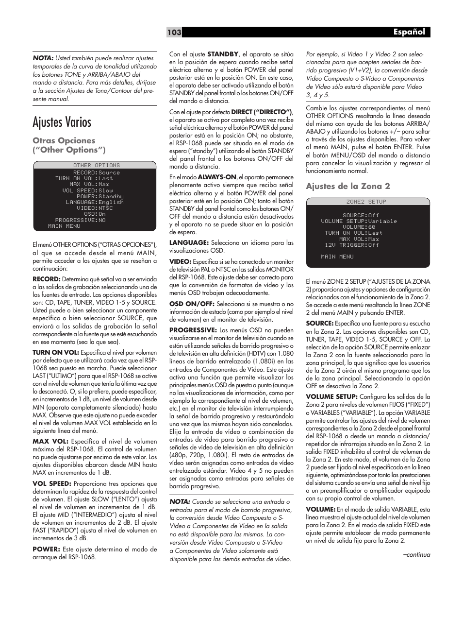 Ajustes varios, Otras opciones (“other options”), Ajustes de la zona 2 | Español | ROTEL RSP-1068 User Manual | Page 103 / 106