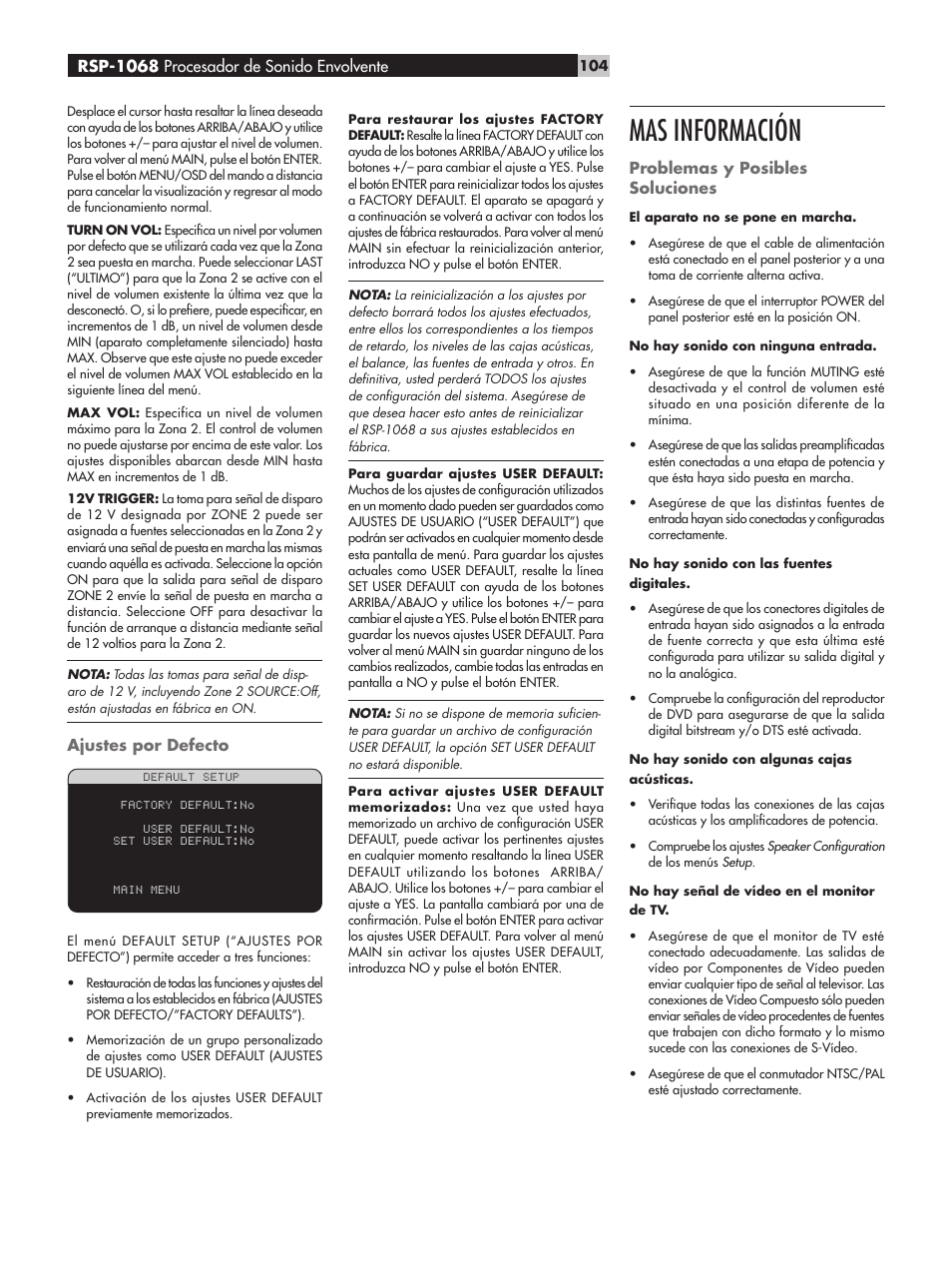 Mas información, Ajustes por defecto, Problemas y posibles soluciones | Rsp-1068 procesador de sonido envolvente | ROTEL RSP-1068 User Manual | Page 104 / 106