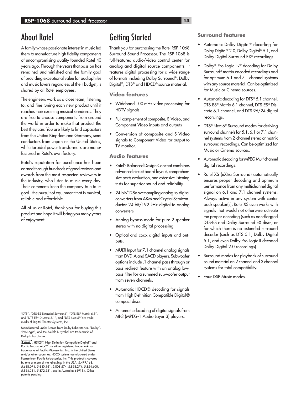 About rotel, Getting started, Video features | Audio features, Surround features, Rsp-1068 surround sound processor | ROTEL RSP-1068 User Manual | Page 14 / 106