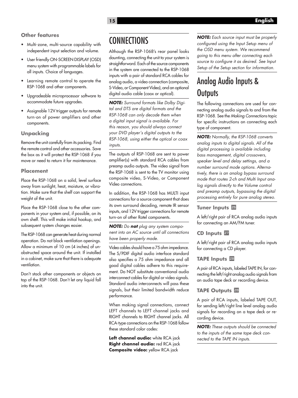 Connections, Analog audio inputs & outputs | ROTEL RSP-1068 User Manual | Page 15 / 106