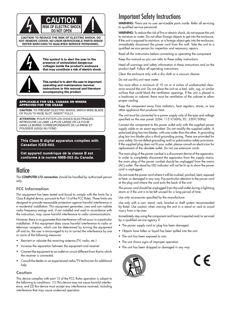 Notice, Important safety instructions | ROTEL RSP-1068 User Manual | Page 2 / 106