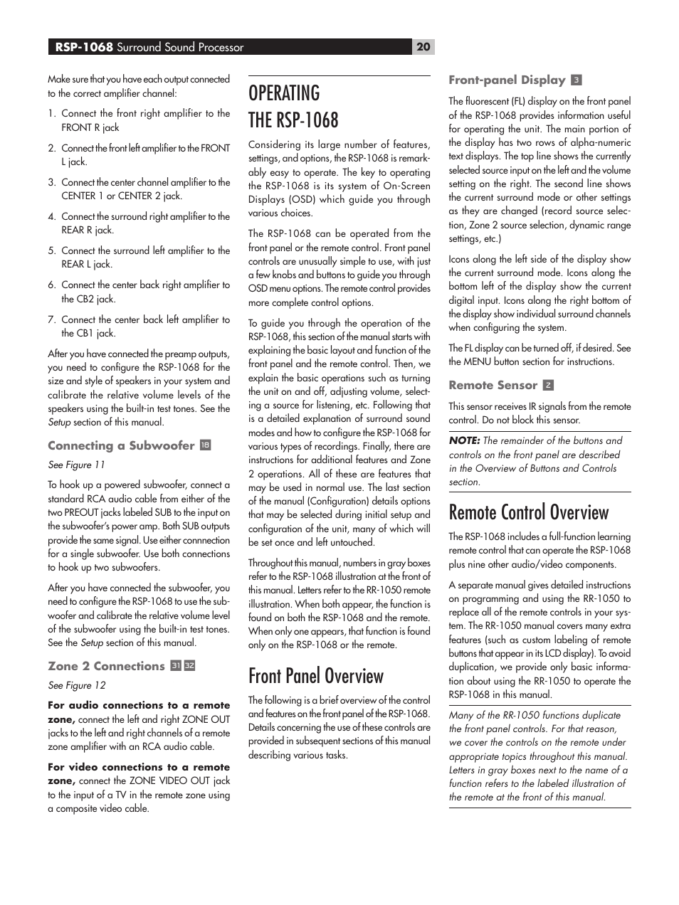 Operating the rsp-1068, Front panel overview, Remote control overview | ROTEL RSP-1068 User Manual | Page 20 / 106