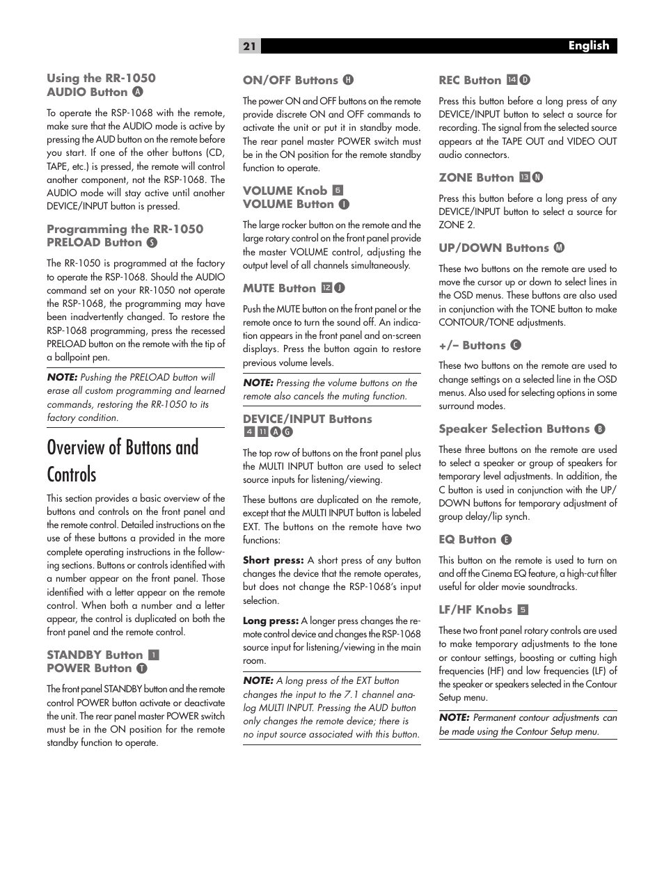 Overview of buttons and controls | ROTEL RSP-1068 User Manual | Page 21 / 106