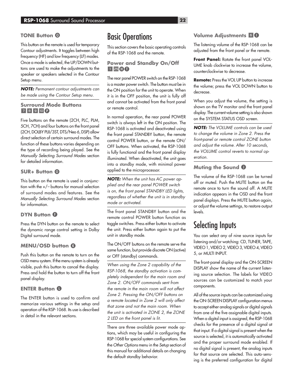 Basic operations, Selecting inputs | ROTEL RSP-1068 User Manual | Page 22 / 106