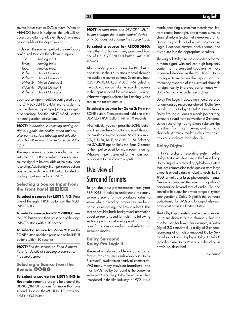 Overview of surround formats, Agdn | ROTEL RSP-1068 User Manual | Page 23 / 106
