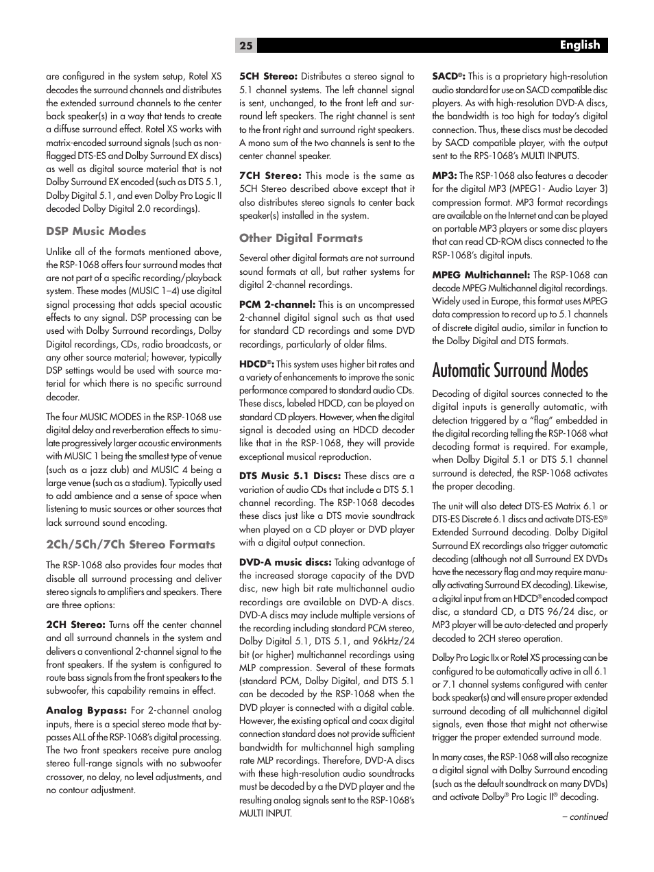 Automatic surround modes | ROTEL RSP-1068 User Manual | Page 25 / 106