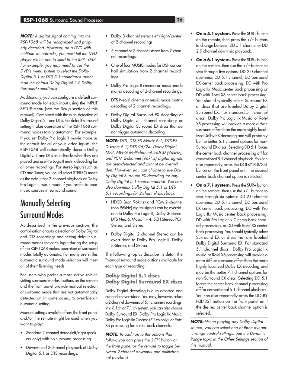 Manually selecting surround modes | ROTEL RSP-1068 User Manual | Page 26 / 106
