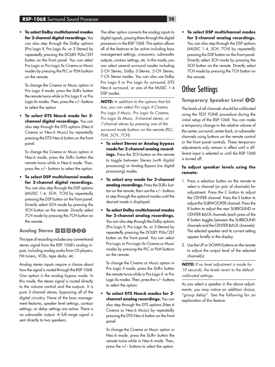 Other settings | ROTEL RSP-1068 User Manual | Page 28 / 106