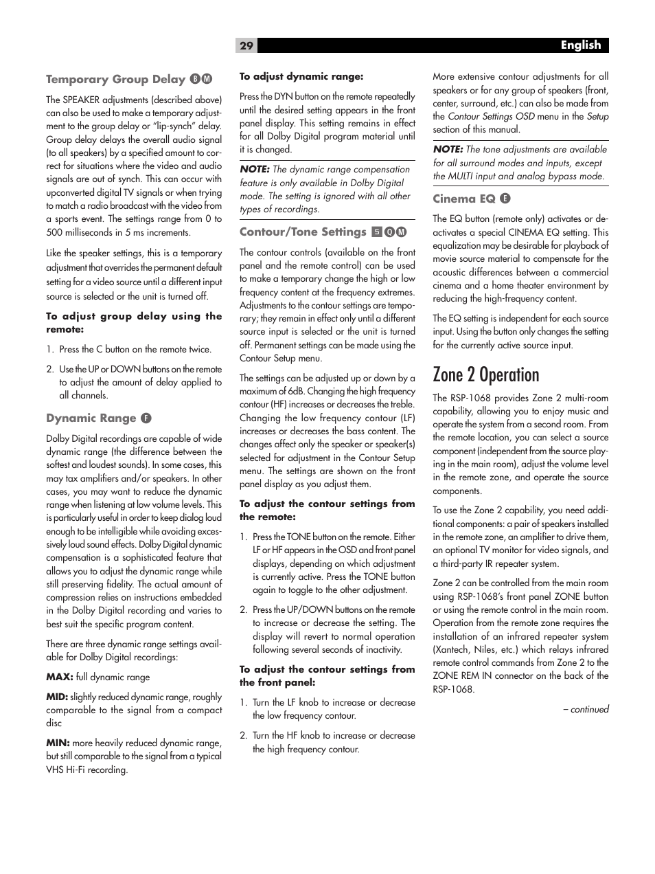 Zone 2 operation | ROTEL RSP-1068 User Manual | Page 29 / 106