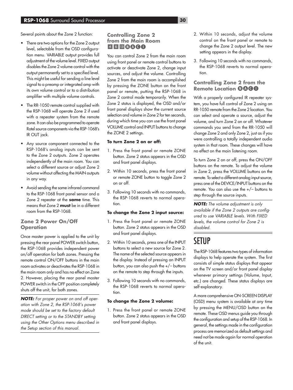 Setup, Naci | ROTEL RSP-1068 User Manual | Page 30 / 106